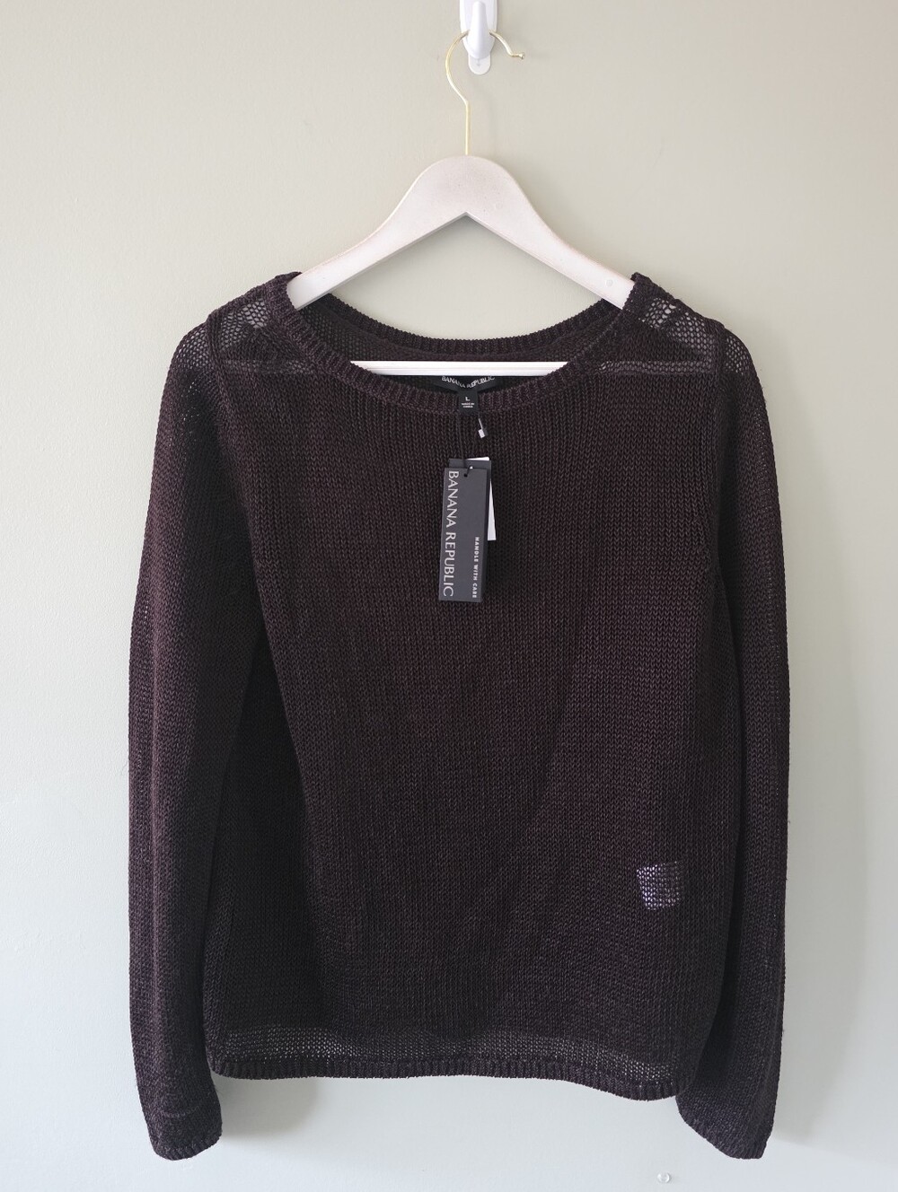 Banana Republic Rich Brown Linen-Blend Open Knit Sweater Size L Quiet Luxury